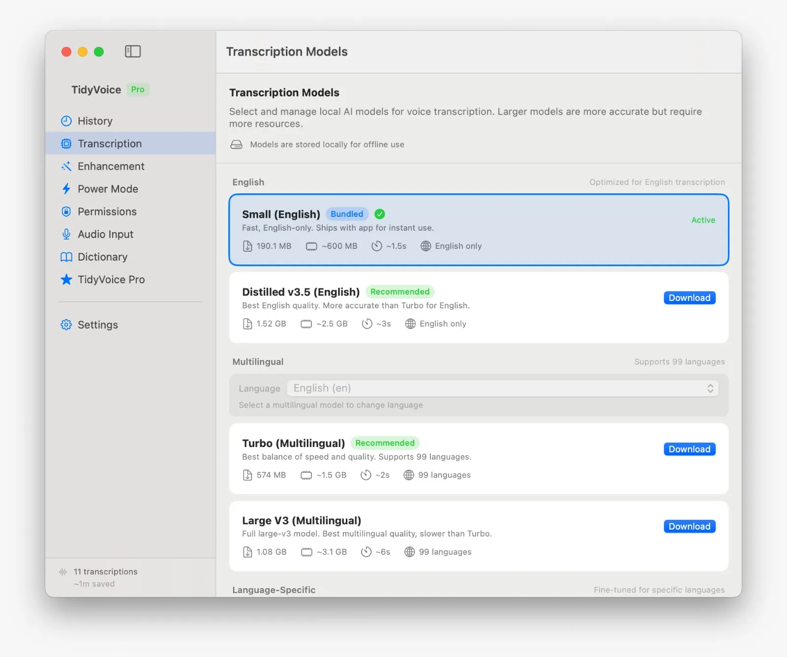 TidyVoice transcription models screen showing English and multilingual Whisper models with download sizes and speed estimates